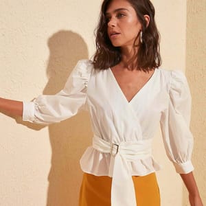 Solid Puff Sleeve Waist Tie-Up Wrap Top - Shirts & Blouses 53