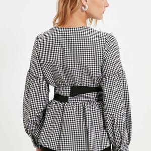 Black Belted Double-Breasted Weave Checkered Blouse - Shirts & Blouses 59