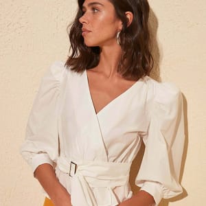 Solid Puff Sleeve Waist Tie-Up Wrap Top - Shirts & Blouses 54