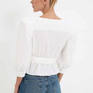 Solid Puff Sleeve Waist Tie-Up Wrap Top - Shirts & Blouses 46