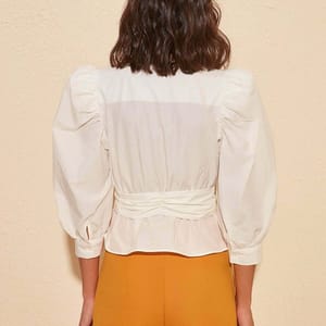 Solid Puff Sleeve Waist Tie-Up Wrap Top - Shirts & Blouses 55