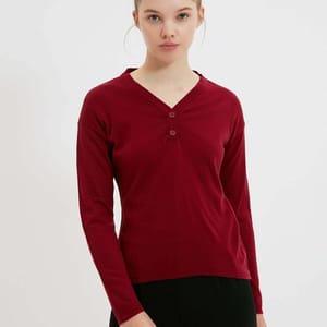 Burgundy Long Sleeve V-Neck Button Detail Women's Top - Long Sleeve Tops 17