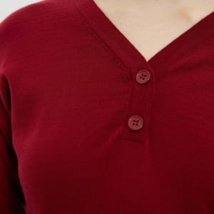 Burgundy Long Sleeve V-Neck Button Detail Women's Top - Long Sleeve Tops 18