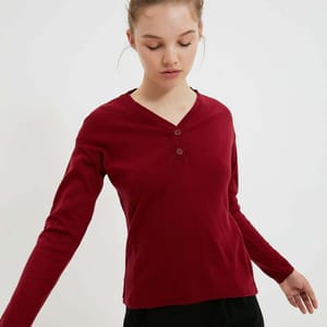Burgundy Long Sleeve V-Neck Button Detail Women's Top