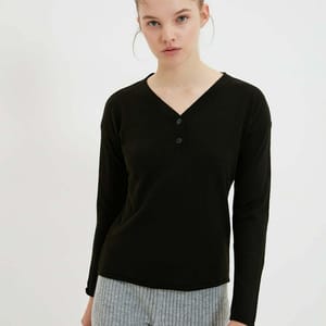 Black Long Sleeve V-Neck Button Detail Women's Top