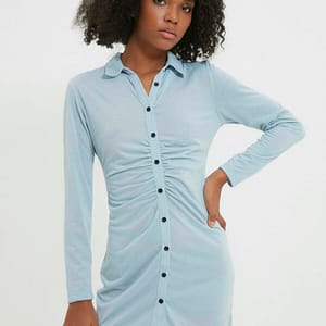 Blue Long Sleeve Pleated Button Down Shirt Women's Dress - Mini Dresses 21
