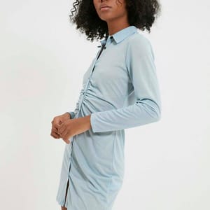 Blue Long Sleeve Pleated Button Down Shirt Women's Dress - Mini Dresses 22