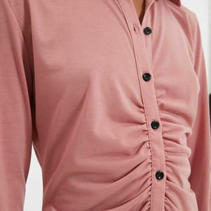 Pink Long Sleeve Pleated Button Down Shirt Women's Dress - Mini Dresses 21