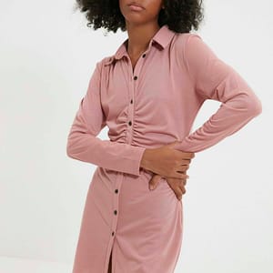Pink Long Sleeve Pleated Button Down Shirt Women's Dress - Mini Dresses 22