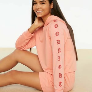 Peach Sleeve Print Knitted Pyjama Hoodie And Shorts Women's Set Trendyol - Women's Co-ord Sets 4