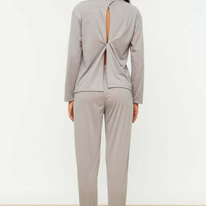 Grey Front Print Crew Neck T-Shirt And Pants Pyjama Women's Set - Co-ord Sets 29