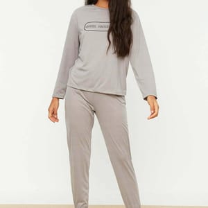 Grey Front Print Crew Neck T-Shirt And Pants Pyjama Women's Set