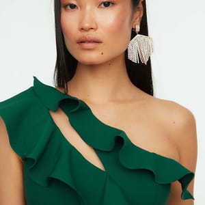 Emerald Green Ruffle Detail Asymmetric Neckline Women's Dress - Party Dresses 31
