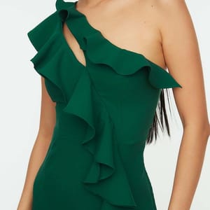 Emerald Green Ruffle Detail Asymmetric Neckline Women's Dress - Party Dresses 32