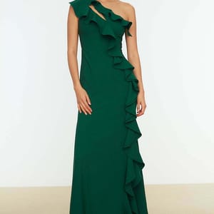 Emerald Green Ruffle Detail Asymmetric Neckline Women's Dress
