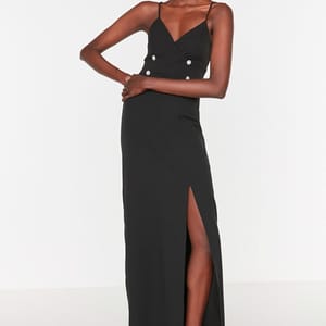 Black Spaghetti Strap Side Split Knitted Women's Dress