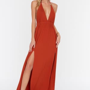 Halter Neck Plunge Brown Women's Dress