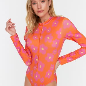 Orange One Piece Long Sleeve Zip Detail Floral Print Women's Swimsuit Orange One Piece Long Sleeve Zip Detail Floral Print Women's Swimsuit - One Piece 22