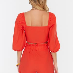 Balloon Sleeve Tie Detail Crop Top & Shorts Set
