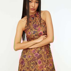 Orange Belt Floral Print Pleated Halter Neck Women's Dress - Midi Dresses 29