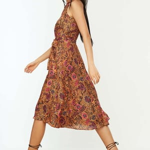 Orange Belt Floral Print Pleated Halter Neck Women's Dress - Midi Dresses 30