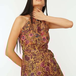 Orange Belt Floral Print Pleated Halter Neck Women's Dress - Midi Dresses 32