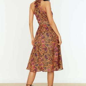Orange Belt Floral Print Pleated Halter Neck Women's Dress - Midi Dresses 34