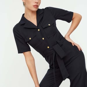 Straight-Cut Navy Blue Wide Leg Women's Jumpsuit - Jumpsuits 22