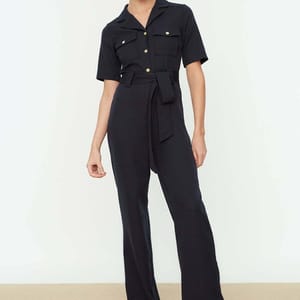 Straight-Cut Navy Blue Wide Leg Women's Jumpsuit