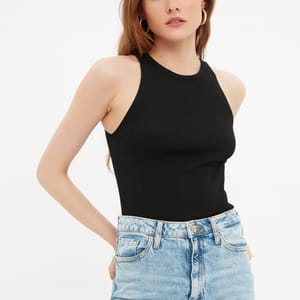 Black Crew Neck Sleeveless Ribbed Women's Top