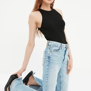 Black Crew Neck Sleeveless Ribbed Women's Top - Sleeveless Tops 22