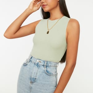 Mint Crew Neck Sleeveless Ribbed Women's Top - Sleeveless Tops 17