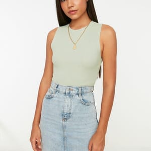 Mint Crew Neck Sleeveless Ribbed Women's Top
