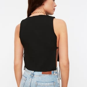 Black Tie Detail Knitted Women's Crop Top - Cropped Tops 19