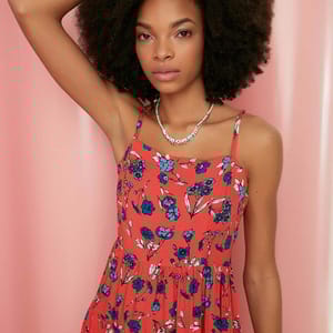 Red Floral Print Pleated Square Neck Sleeveless Women's Dress - Midi Dresses 21