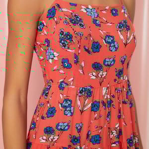 Red Floral Print Pleated Square Neck Sleeveless Women's Dress - Midi Dresses 22