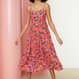 Red Floral Print Pleated Square Neck Sleeveless Women's Dress - Midi Dresses 23