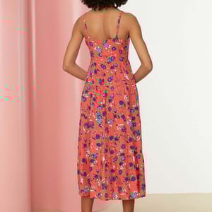 Red Floral Print Pleated Square Neck Sleeveless Women's Dress - Midi Dresses 24