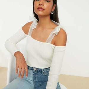 Tie Shoulder Ribbed Sweater