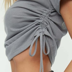 Grey Pleatable Crew Neck Knitted Women's T-Shirt - Cropped Tops 23