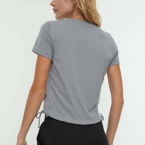 Grey Pleatable Crew Neck Knitted Women's T-Shirt - Cropped Tops 24