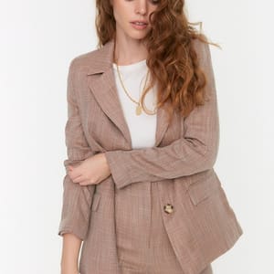 Brown Button Detail Women's Blazer - Blazers & Coats 34