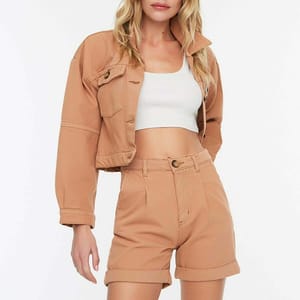 Beige Pocket Detail Denim Long Sleeve Women's Jacket