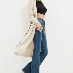 Beige Button Down Long Knitted Women's Cardigan