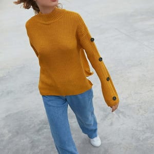 Yellow High Neck Knitted Embroidery Women's Sweater - Sweaters 17