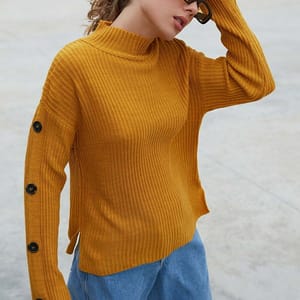 Yellow High Neck Knitted Embroidery Women's Sweater