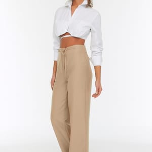 Beige Straight Wide Leg Women's Trouser - Trousers 22