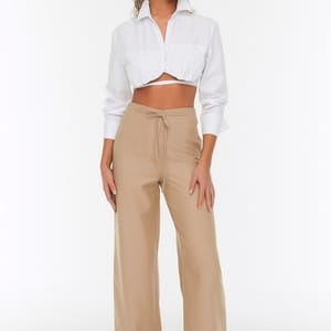 Beige Straight Wide Leg Women's Trouser