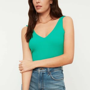 Green V Neck Ribbed Knitted Women's Top