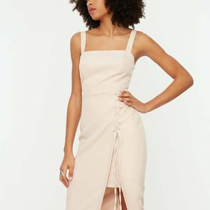 Square Neck Hip High Slit Lace Up Detail Women's Dress Square Neck Hip High Slit Lace Up Detail Women's Dress - Midi Dresses 32